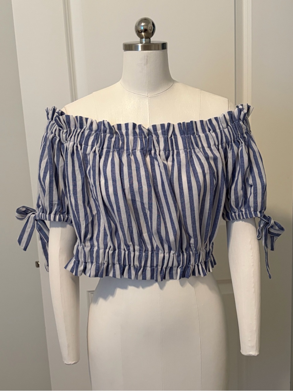 FAVLUX Blue and White Striped Off-Shoulder Crop Top